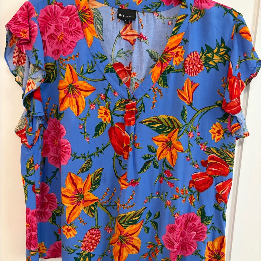 Jones New York Vibrant Floral Blouse - Blue and Pink